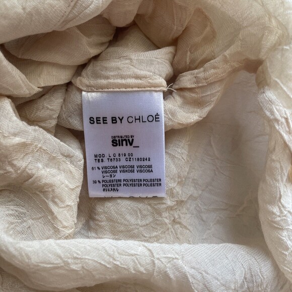 See By Chloe Crinkled Drawstring Waist Pearl Button Cream Blouse Sz 8 - Picture 9 of 9